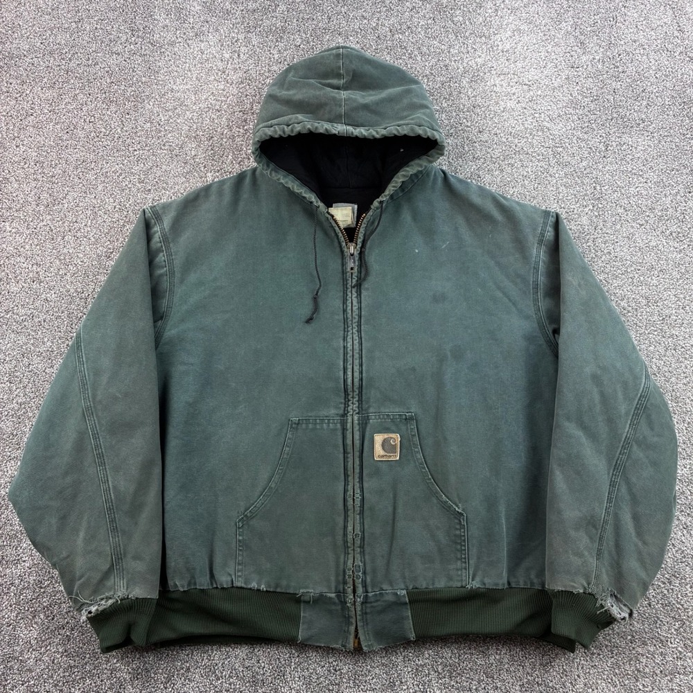 Vintage Carhartt Active Jacket Mens 3XL Hunter Green Faded Canvas Hooded J68 HTG